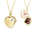 A gold heart-shaped locket with a diamond on the front, opened to show two photos of a dog and a person on a white background