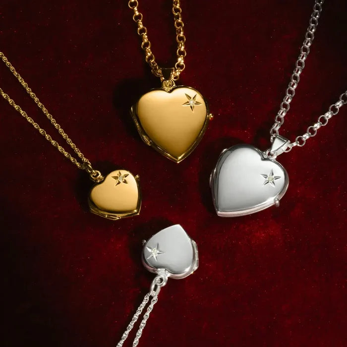 Lily Blanche diamond heart locket collection showing small and large lockets in sterling silver and gold vermeil