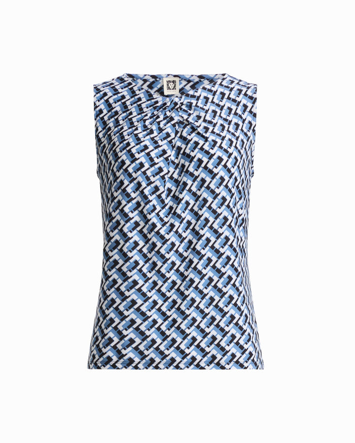 Anne Klein DUTCH BLUE MULTI Asymmetric Pleat Cowl Neck Sleeveless Knit Shell Top