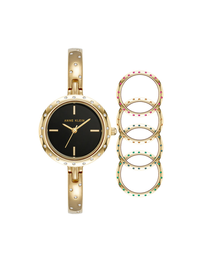 Anne Klein Gold-Tone/Black Bangle Watch with Interchangeable Bezels