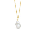 A ivory baroque pearl pendant attached to a gold vermeil chain, displayed on a plain background.