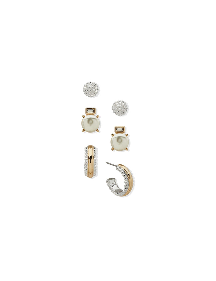 Anne Klein Two Tone Bead and Pearl Trio Pierced Earrings