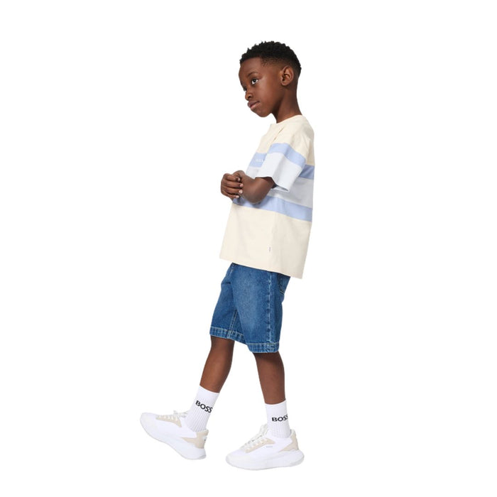 Beige & Blue Wide Stripe T-Shirt