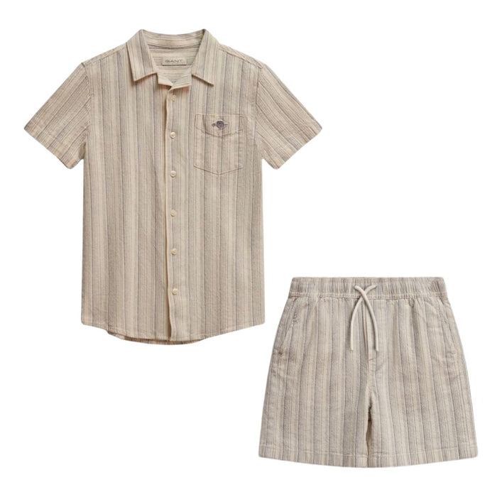 Beige Striped Linen Shorts Set