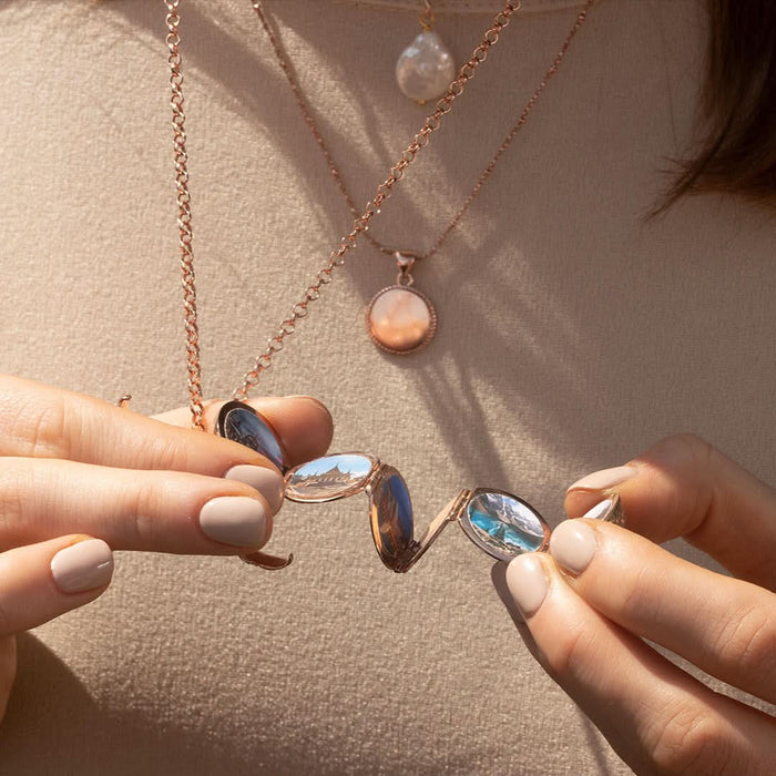 model wearing rose gold belcher chain with rose gold memory keeper locket