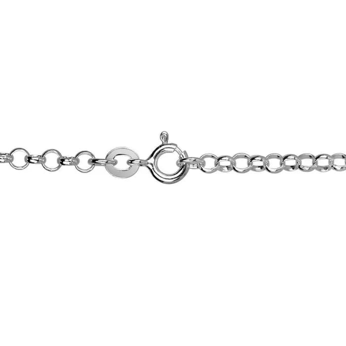 Close-up of white gold vermeil belcher chain necklace with spring ring clasp and round link detail on white background.