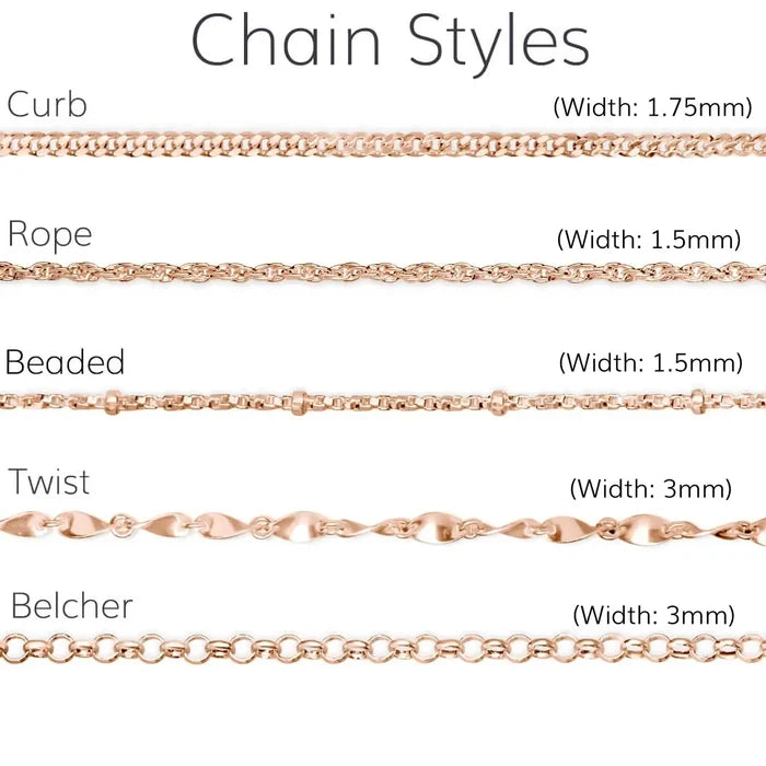 Comparison of different chain styles with their widths on a white background