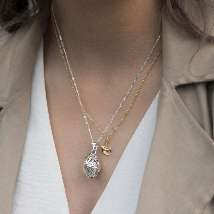 model wearing bird locket in silver with gold bird charm