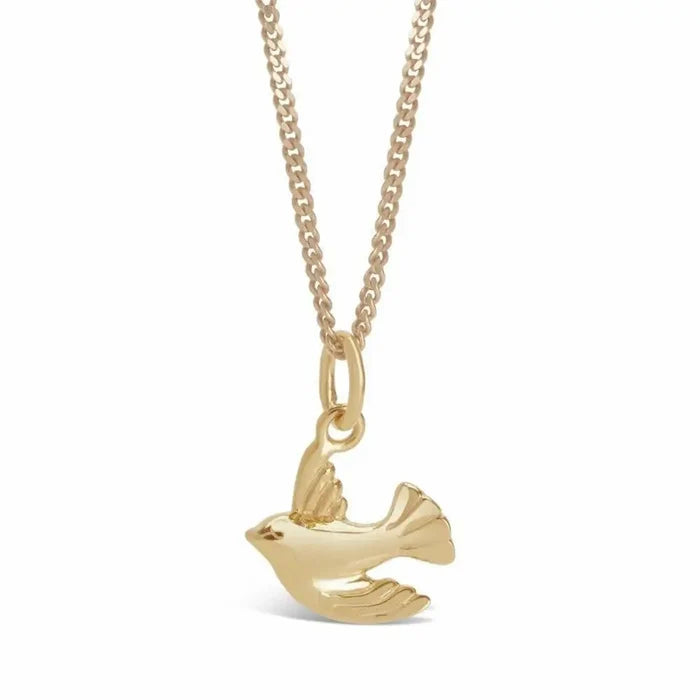 Gold bird charm necklace on fine chain, polished minimalist bird pendant jewellery