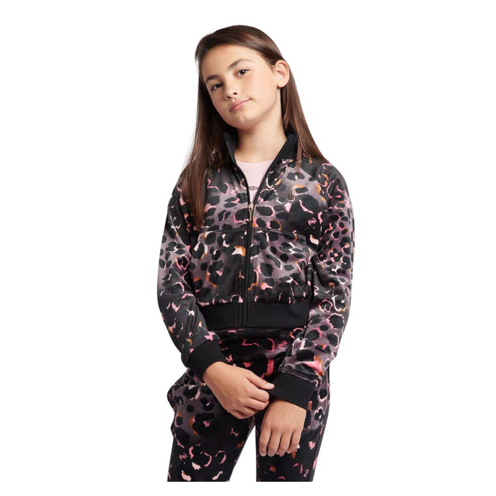 Black Leopard Print & Diamante Logo Bootcut Tracksuit