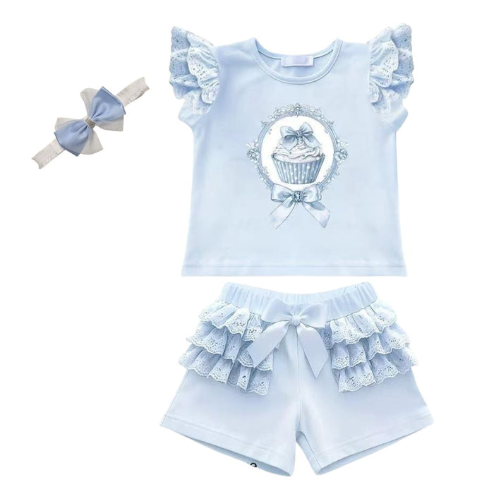 Blue Cupcake Shorts Set & Headband