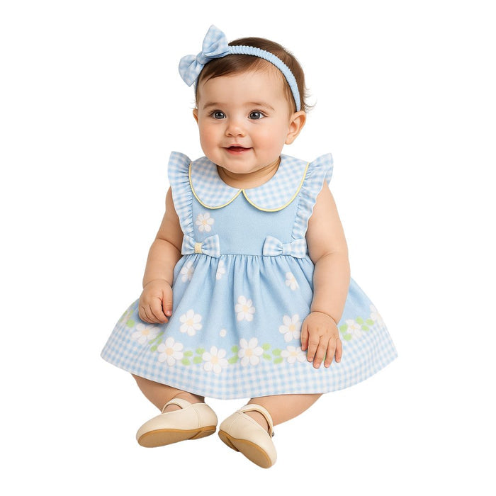 Blue Daisy Dress, Bloomers & Headband
