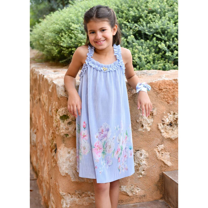 Blue Floral Pleated Dress