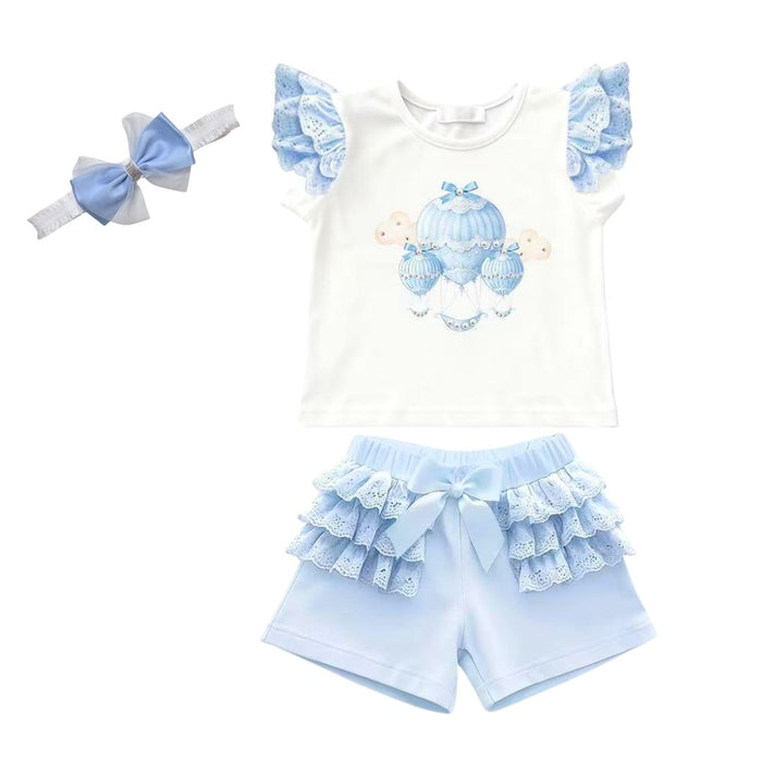 Blue Hot Air Balloon Shorts Set & Headband