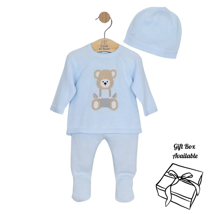 Blue Knitted Teddy 2 Piece & Hat