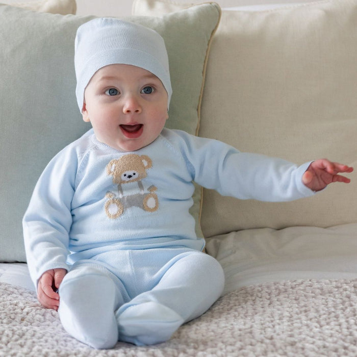 Blue Knitted Teddy 2 Piece & Hat