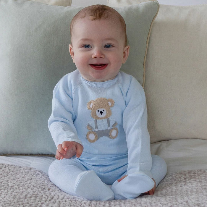 Blue Knitted Teddy 2 Piece & Hat