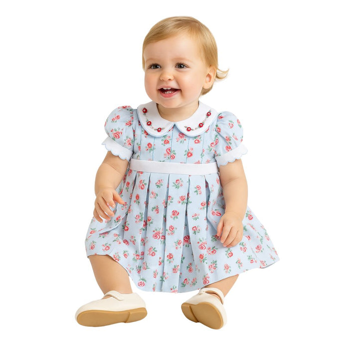 Blue & Pink Floral Pleated Dress