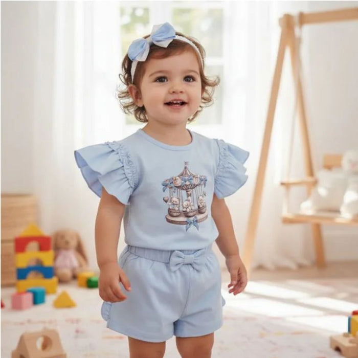 Blue Teddy Carousel Shorts Set & Headband