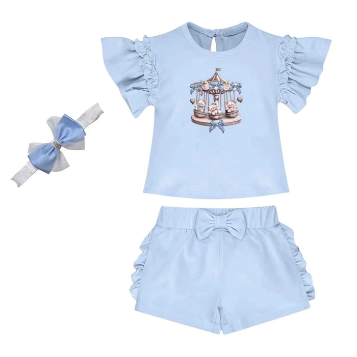 Blue Teddy Carousel Shorts Set & Headband