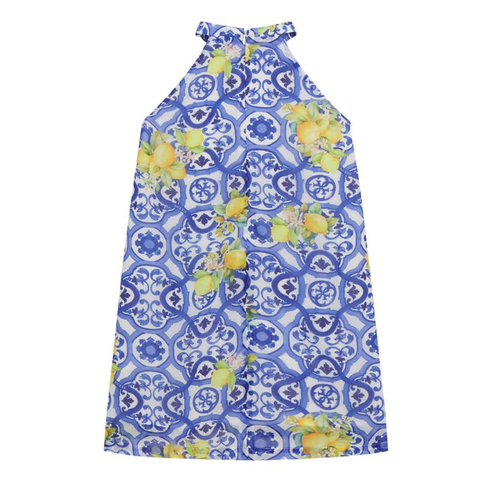 Blue Tile Print & Lemons Dress