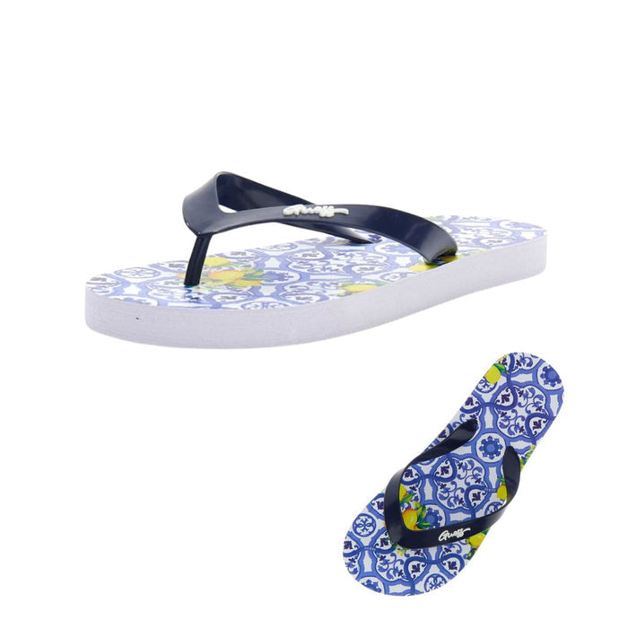 Blue Tile Print & Lemons Flip Flops