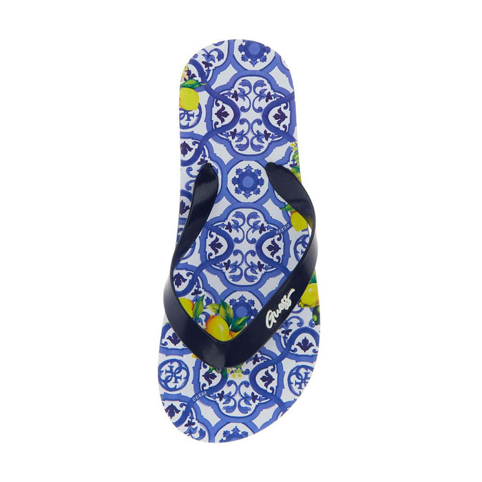 Blue Tile Print & Lemons Flip Flops