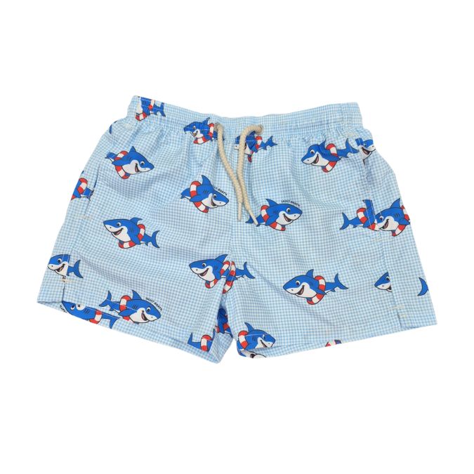 Blue & White Checked Shark Swim Shorts