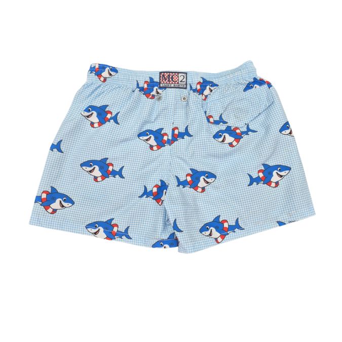 Blue & White Checked Shark Swim Shorts