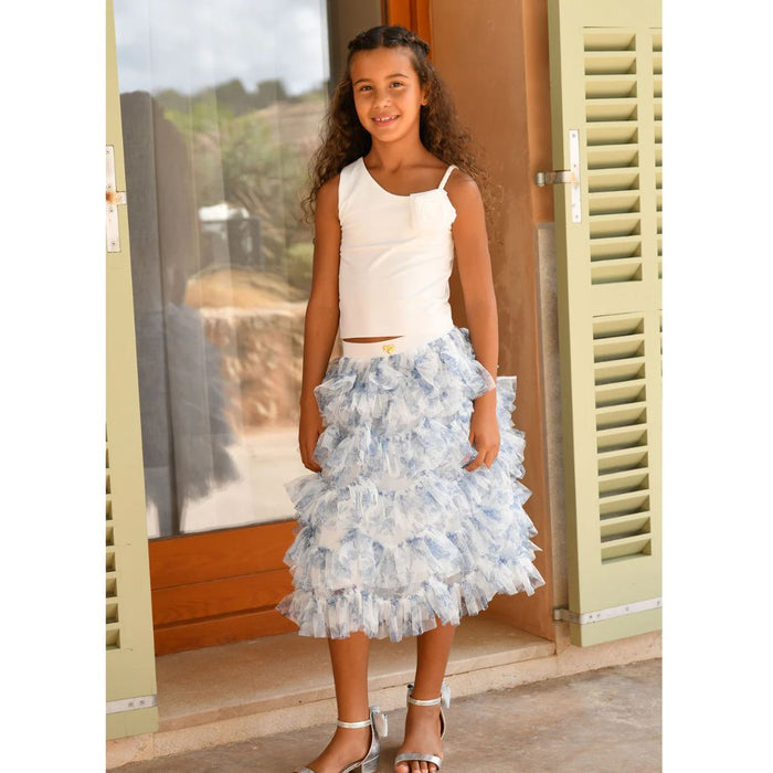 Blue & White Floral Tulle Skirt Set