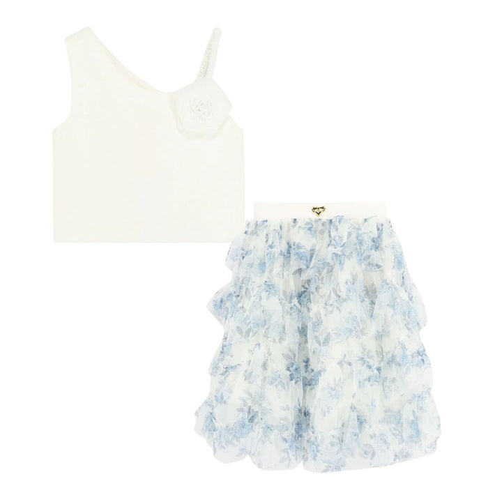 Blue & White Floral Tulle Skirt Set