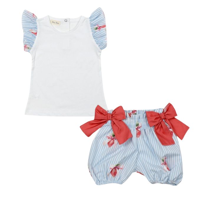 Blue & White Strawberries Shorts Set