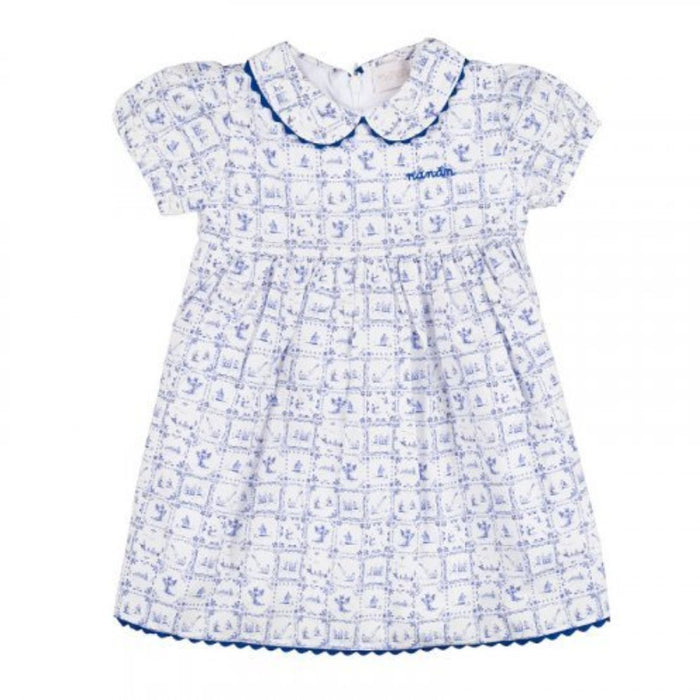 Blue & White Tile Print Dress & Knickers