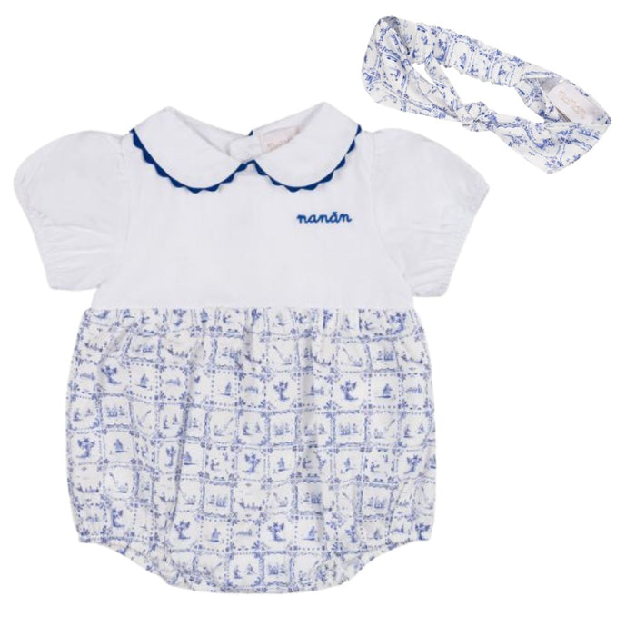 Blue & White Tile Print Romper & Headband