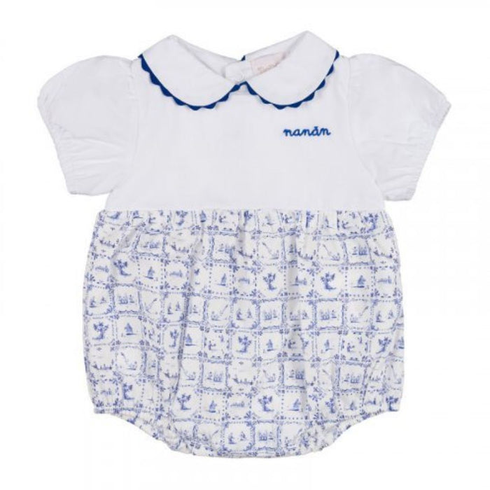 Blue & White Tile Print Romper & Headband