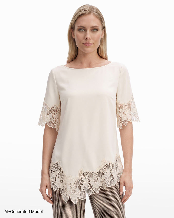Anne Klein Boat Neck Asymmetric Lace Hem Top