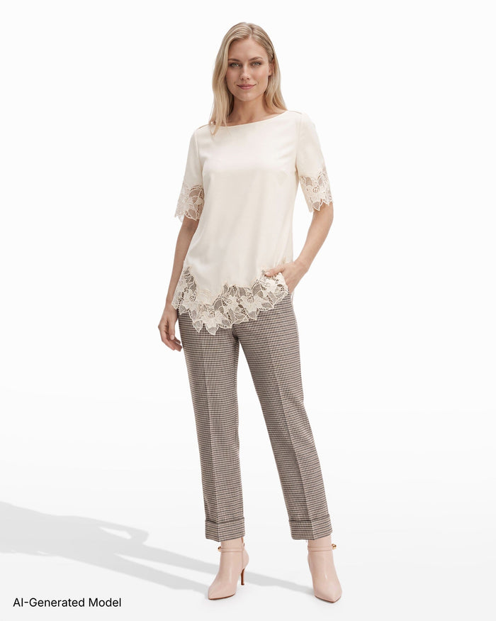 Anne Klein Boat Neck Asymmetric Lace Hem Top