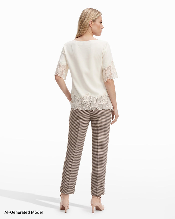 Anne Klein Boat Neck Asymmetric Lace Hem Top