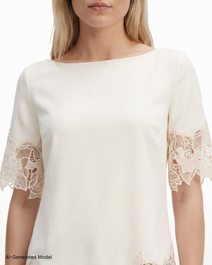 Anne Klein Boat Neck Asymmetric Lace Hem Top
