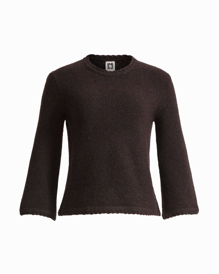 Anne Klein DEEP MAHOGANY Braided Trim Bell Sleeve Crew Neck Sweater