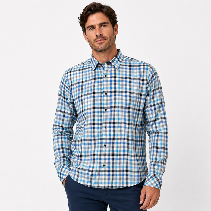Camisa Azul/Gris Cuadros Urbano Afranelada Para Caballero ZAREVICH COLLECTION