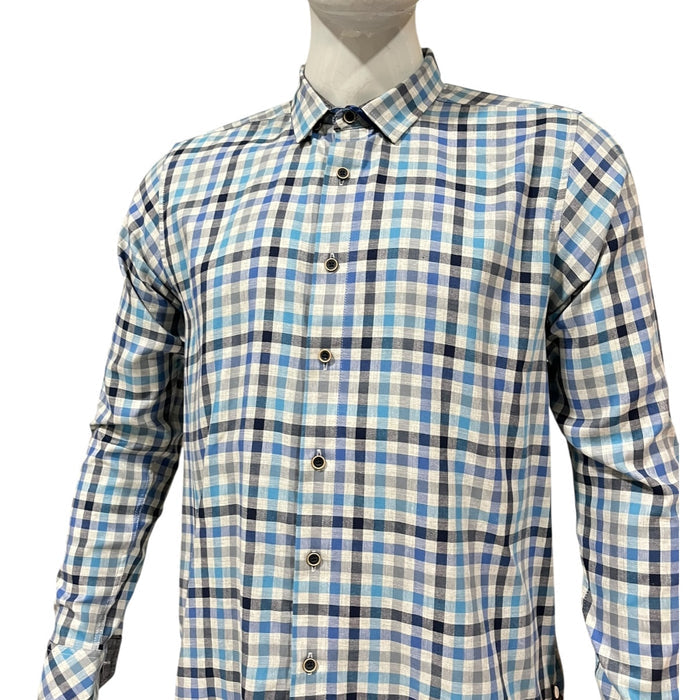 Camisa Azul/Gris Cuadros Urbano Afranelada Para Caballero ZAREVICH COLLECTION