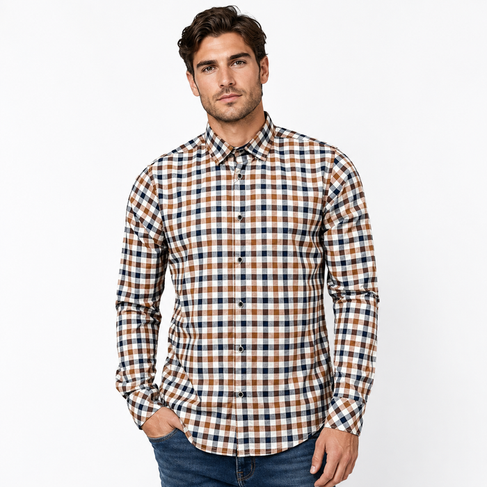 Camisa Cafe/Marino Cuadros Para Caballero ZAREVICH COLLECTION
