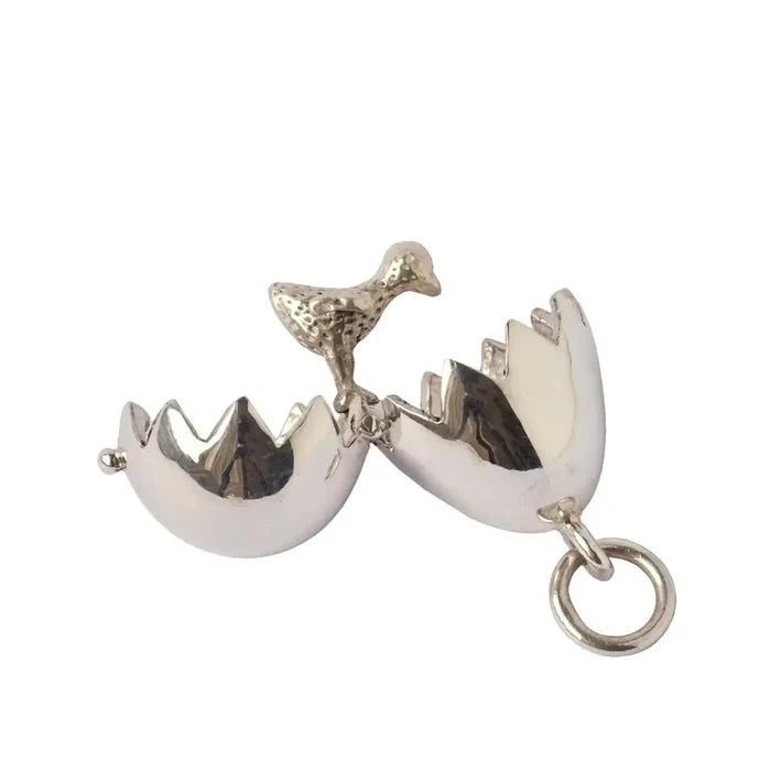 Sterling silver chick locket opened to reveal miniature chick inside cracked egg shell pendant