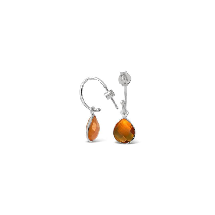 citrine drop hoop earrings in silver on a white background