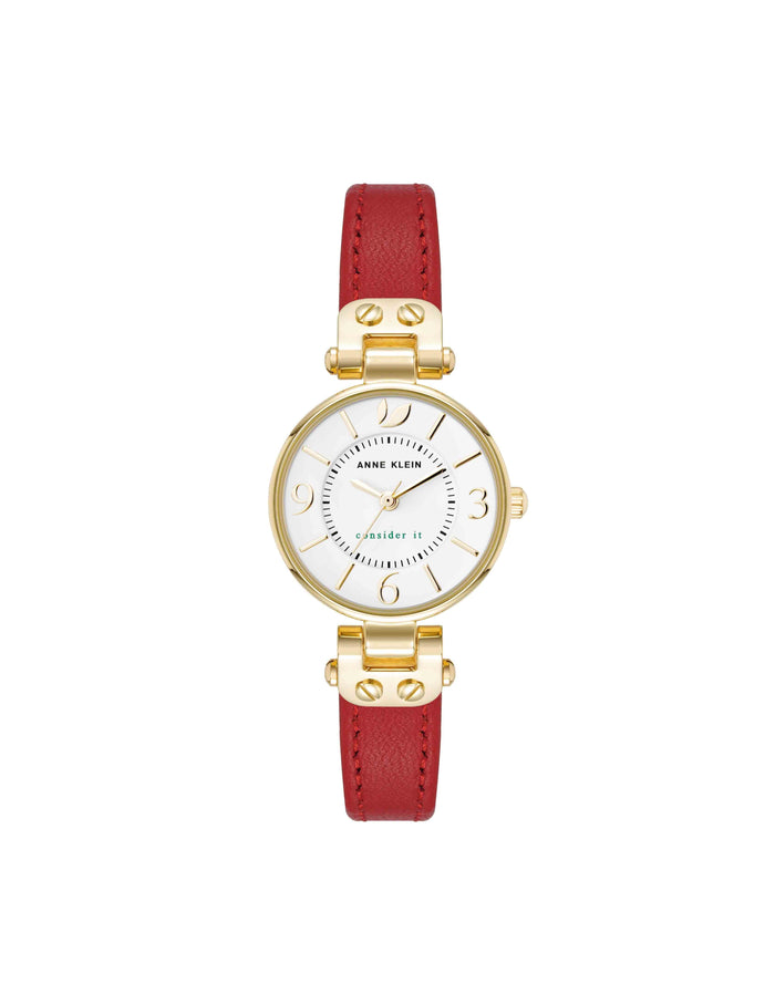 Anne Klein Gold-Tone/Red Consider It Sustainable Leather Strap Watch