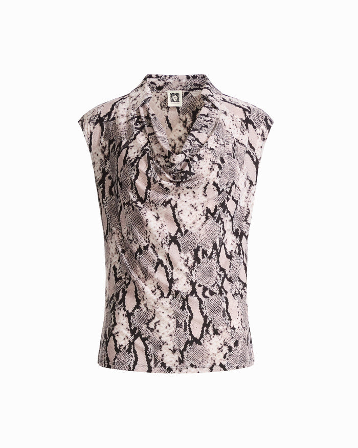 Anne Klein NATURAL CLAY MULT Cowl Neck Snake Print Top