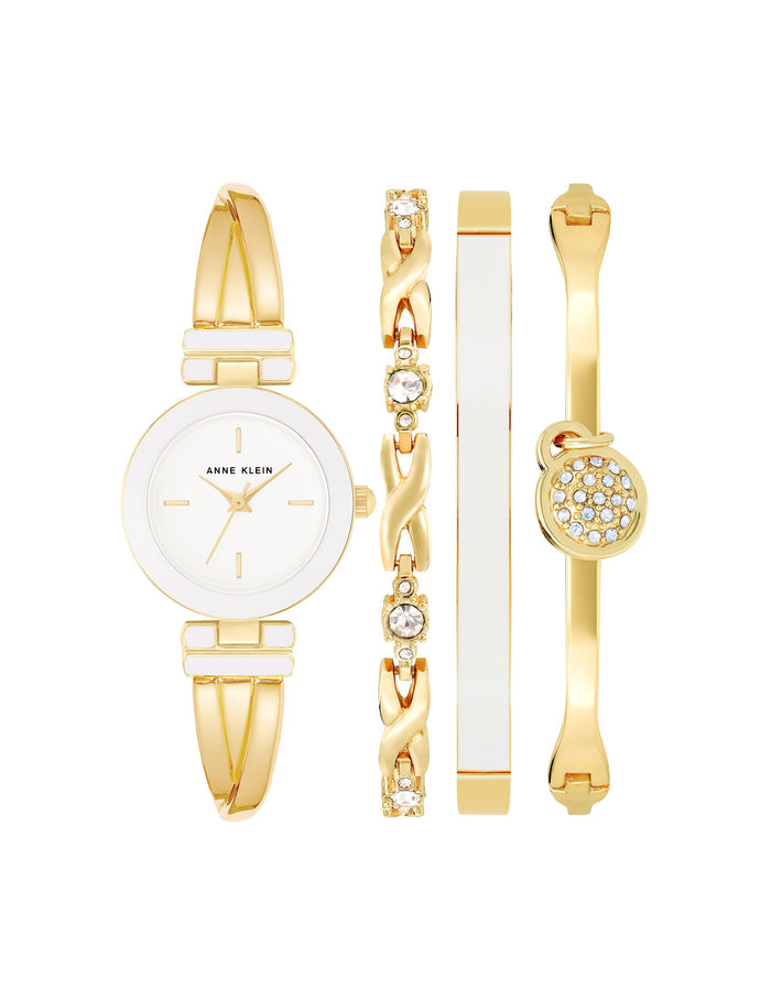 Anne Klein White/Gold-Tone Crossover Bangle Watch and Bracelet Set