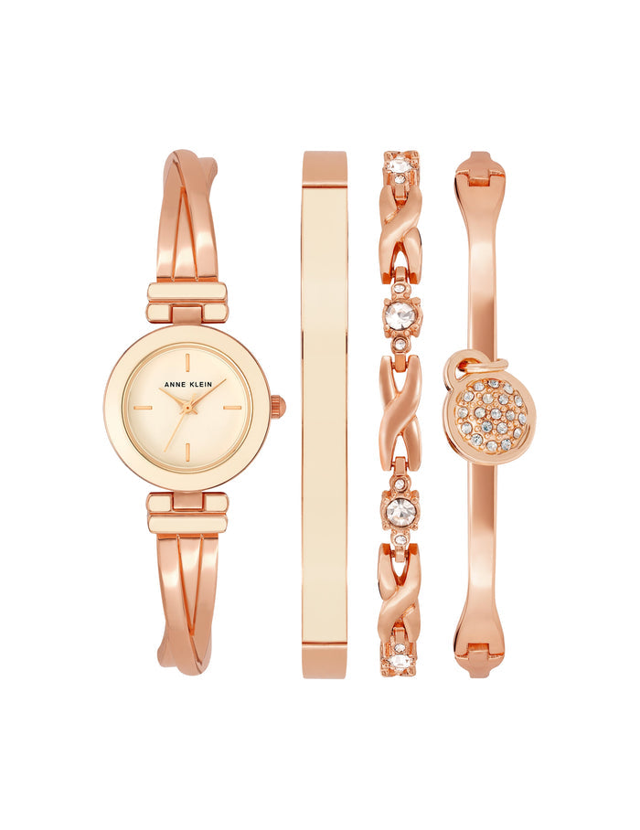 Anne Klein Light Pink/Rose Gold-Tone Crossover Bangle Watch and Bracelet Set