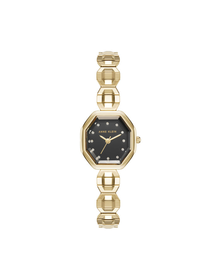 Anne Klein Gold-Tone/Black Crystal Accented Expansion Band Watch
